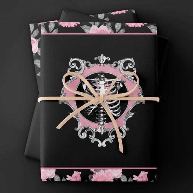 Gothic Love | Pink and Black Skeleton Heart Floral Wrapping Paper Sheet (Creator Uploaded)