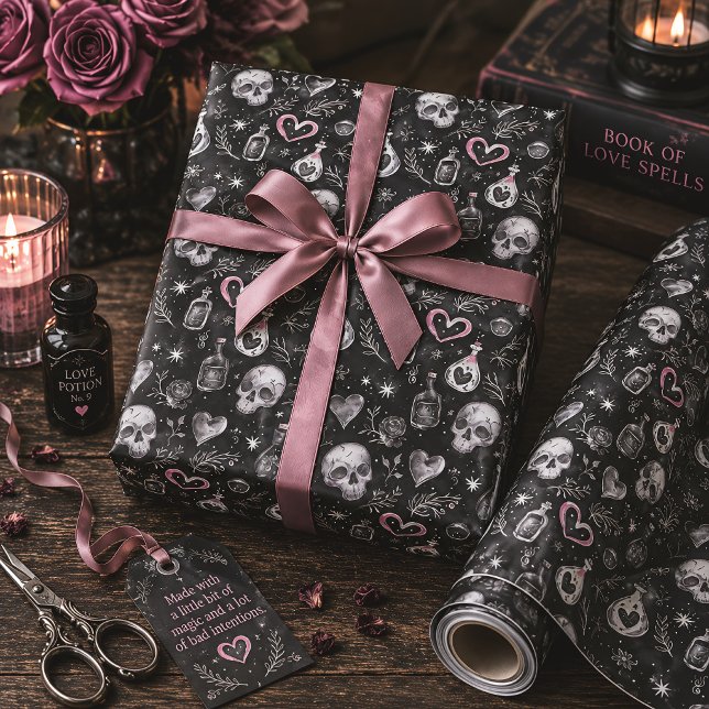 Gothic Love Potion Skull Hearts Wrapping Paper (Creator Uploaded)