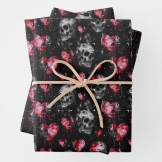 Gothic Love Skulls and Red Hearts Wrapping Paper Sheet