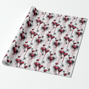 Gothic Love Spooky Spider Web with Hearts Wrapping Paper