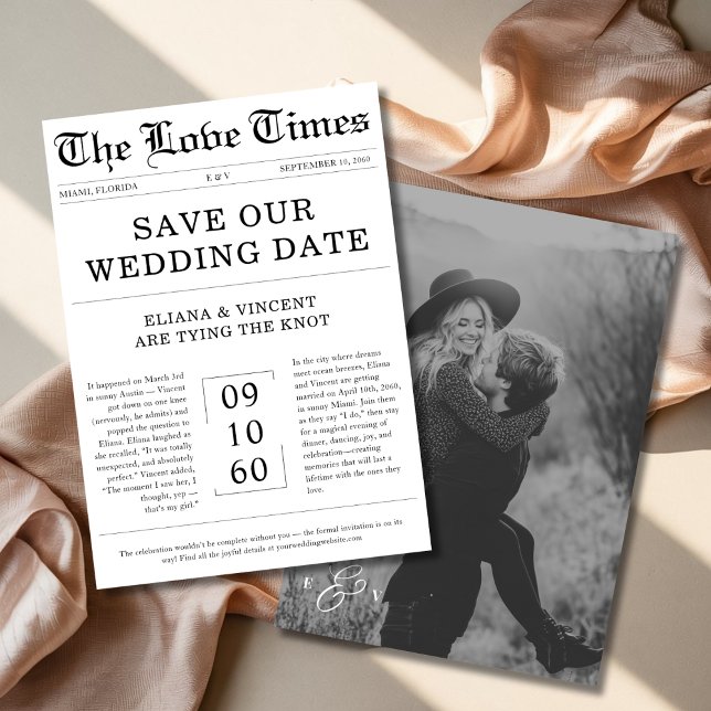 Gothic Love Times Monogram Newspaper Photo Wedding Save The Date (Creator Uploaded)