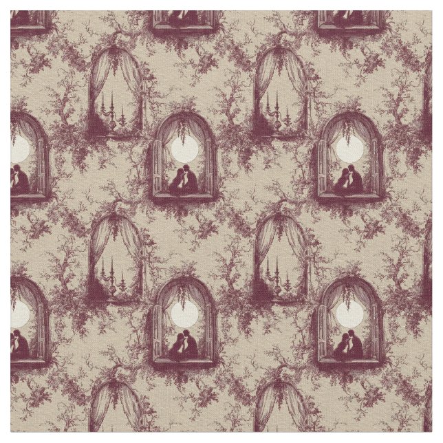 Gothic Love Valentine Burgundy Toile De Jouy  Fabric (Close Up)