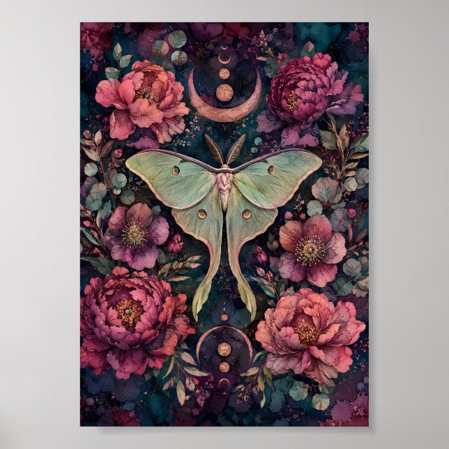 Gothic Luna Moth Celestial Whimsigoth Moon Phase Poster (Front)