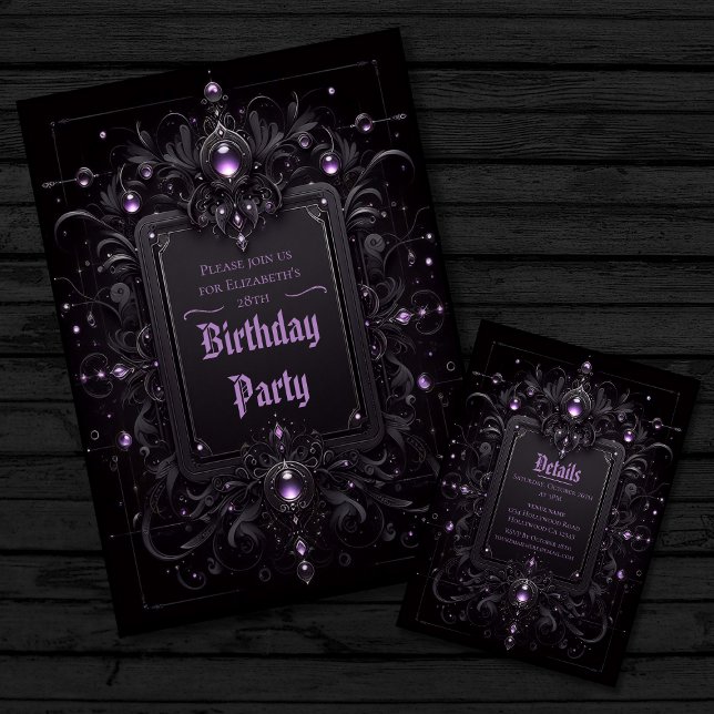 Gothic Lux Purple and Black Birthday Invitation (Image shows front and back side of invitation)