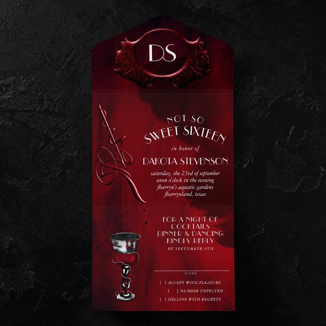 Gothic Luxe | Black and Blood Red Sweet Sixteen All In One Invitation (Creator Uploaded)