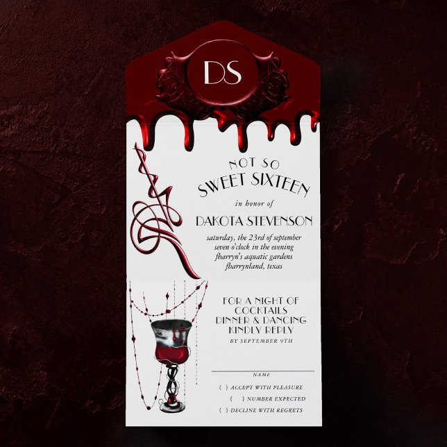 Gothic Luxe | Fun Gory Blood Red Sweet Sixteen All In One Invitation (Creator Uploaded)