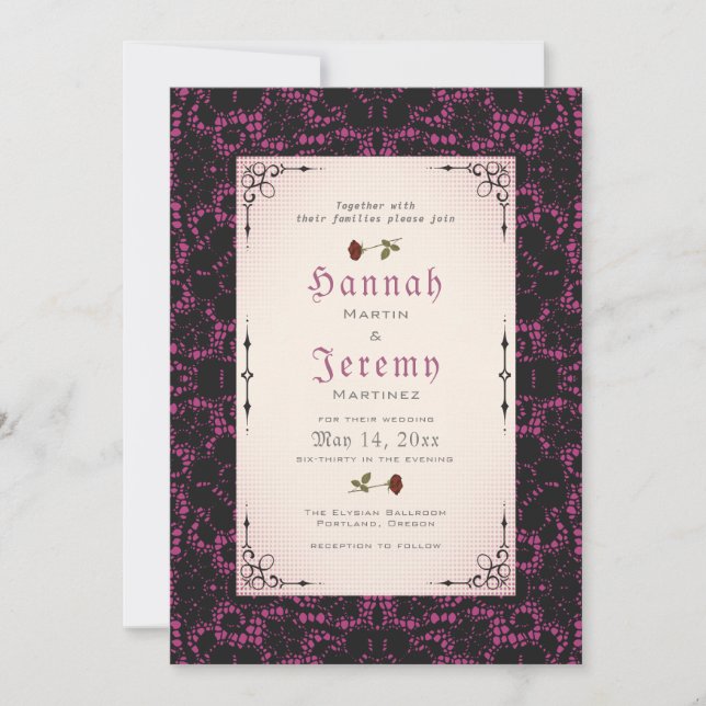 Gothic Magenta Vintage Black Lace Rose Invitation (Front)