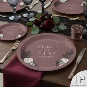 Gothic Mauve Pink Floral Skull Wedding Paper Plate