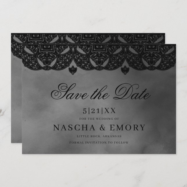 Gothic Mediaeval Elegant Black Lace Wedding Save The Date (Front/Back)