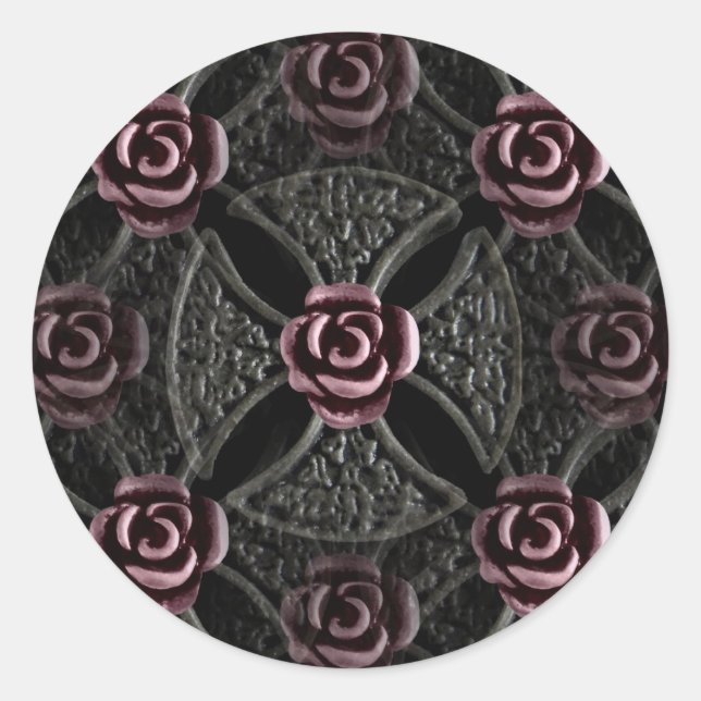 Gothic mediaeval iron cross with rose classic round sticker (Front)
