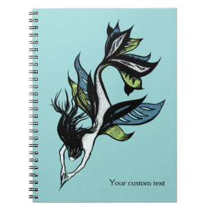 Gothic Mermaid Beautiful Blue Green Ink Drawing Notebook