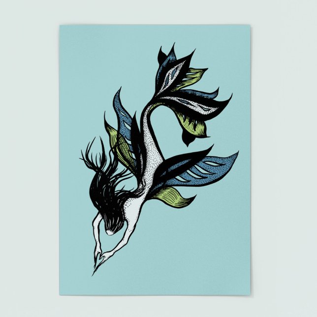 Gothic Mermaid Beautiful Blue Green Ink Drawing Poster (Creator Uploaded)