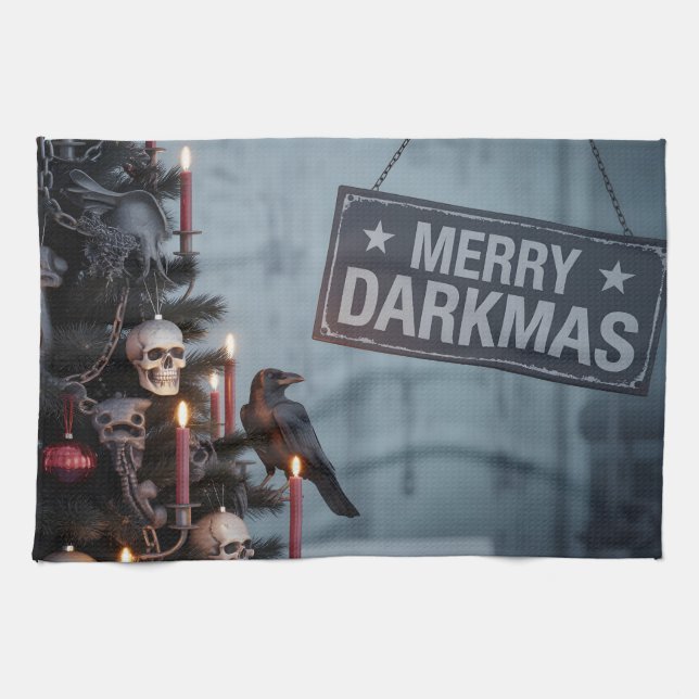 Gothic "Merry Darkmas" Horror Christmas Tree Tea Towel (Horizontal)