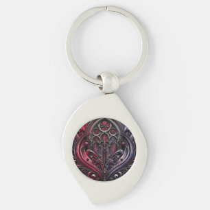 Gothic Metal Keychain with Crimson Rose Design
