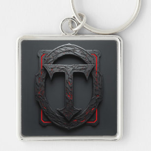 🛡️ Gothic Metal T Shield Emblem Red Accent 🔑 Key Ring