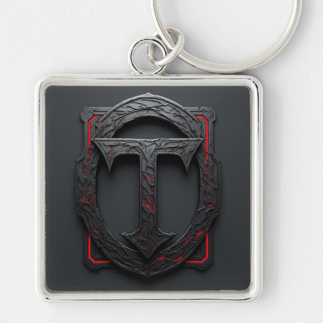 🛡️ Gothic Metal T Shield Emblem Red Accent 🔑 Key Ring (Front)