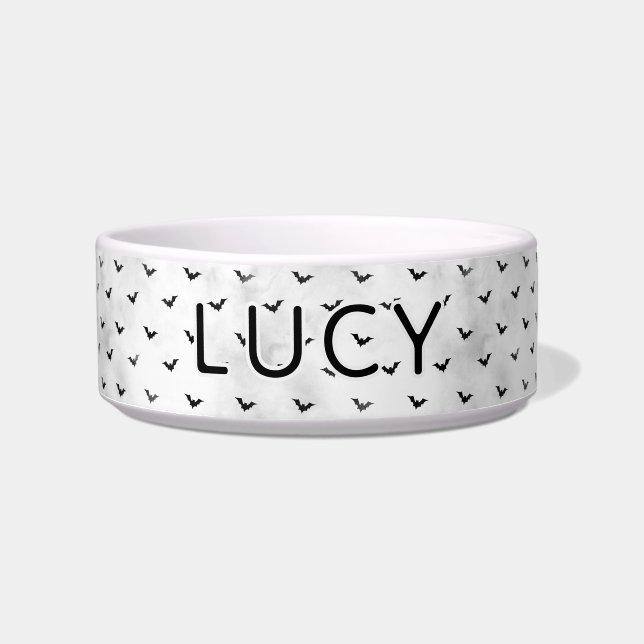Gothic Minimalist Bat Pattern Halloween Dog Bowl (Front)