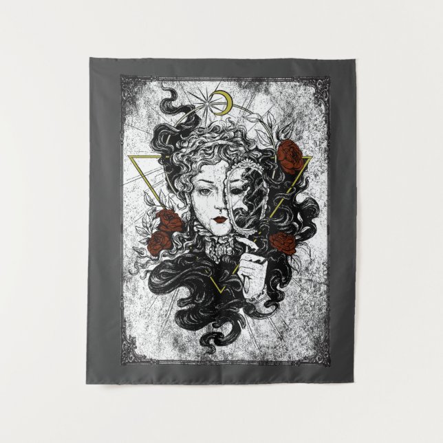 Gothic Mirror Girl Roses Tapestry (Front)