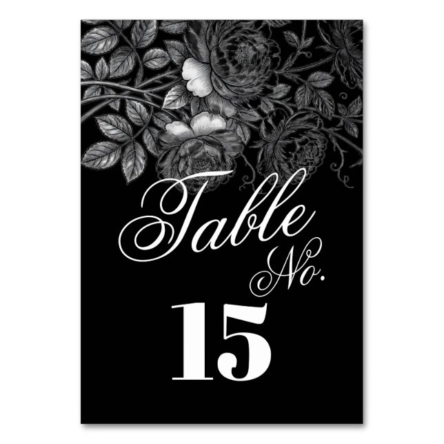 Gothic Monochrome Black And White Florals Wedding  Table Number (Front)