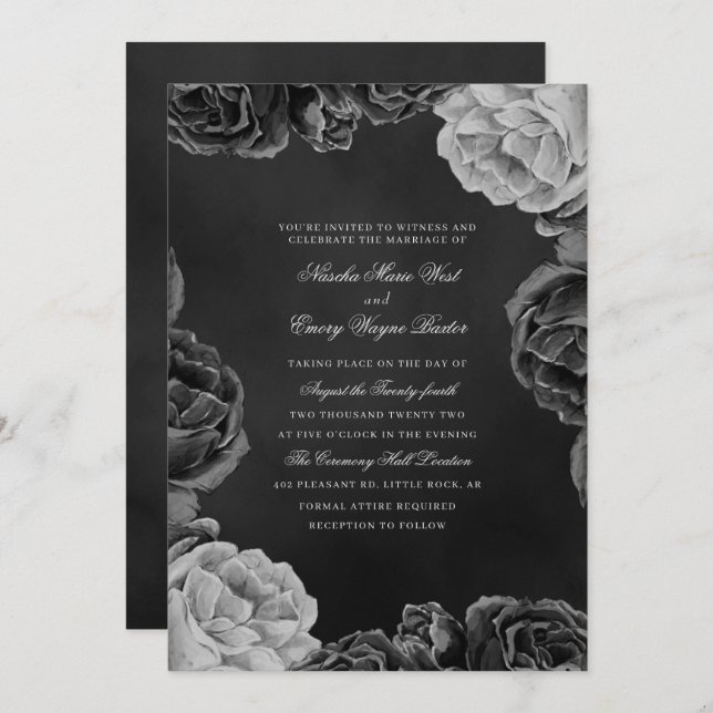Gothic Monochrome Elegant Watercolor Rose Invitation (Front/Back)