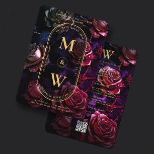 Gothic Monogram Skull Rose Boho Elegant Red Gold Invitation