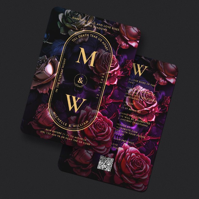 Gothic Monogram Skull Rose Boho Elegant Red Gold Invitation (Gothic Monogram Skull Rose Boho Elegant Red Gold Invitation
)