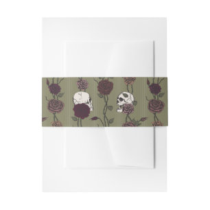 Gothic Monogram Skull & Rose Olive Green Wedding Invitation Belly Band