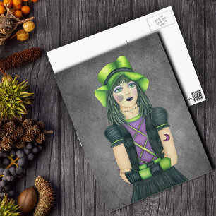 Gothic Monster Girl Green Hat Tattoos on Grey Postcard