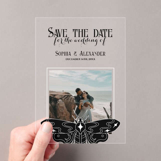 Gothic Moody Black and White Wedding photo  Acrylic Invitations (Insitu (Handheld))