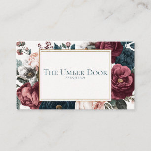 Gothic Moody Floral Burgundy Teal Rose Gold Frame Business Card