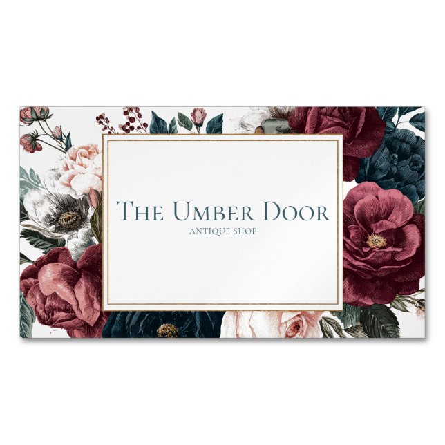 Gothic Moody Floral Burgundy Teal Rose Gold Frame Magnetic Business Card (Front)