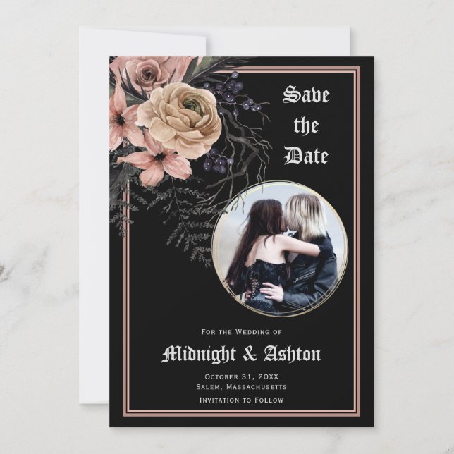 Gothic Moody Floral Circle Photo Save the Date  (Front)