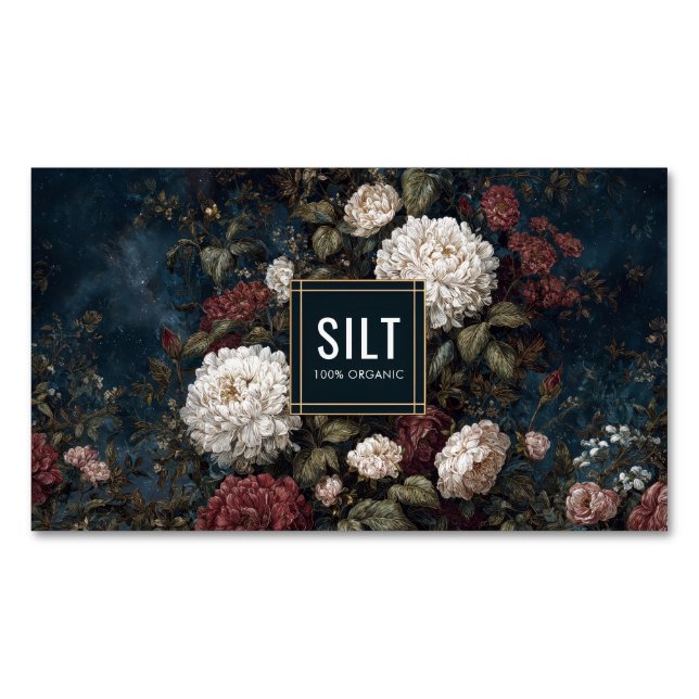 Gothic Moody Floral Red Cream Peony Gold Frame Magnetic Business Card (Front)