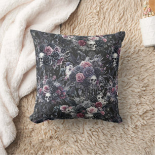 Gothic Moody Flowers Skulls and Crows Cushion
