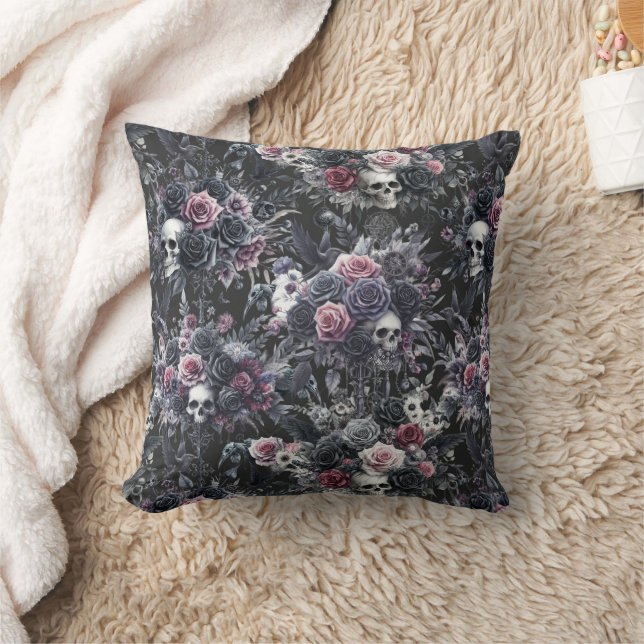 Gothic Moody Flowers Skulls and Crows Cushion (Blanket)