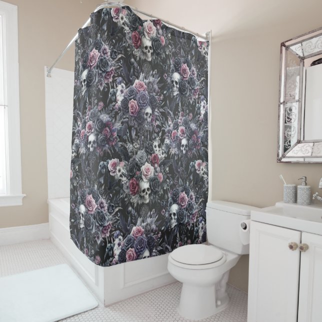 Gothic Moody Flowers Skulls and Crows Shower Curtain (In Situ)
