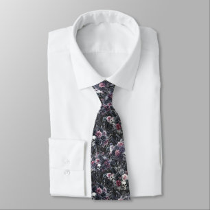 Gothic Moody Flowers Skulls and Crows Tie