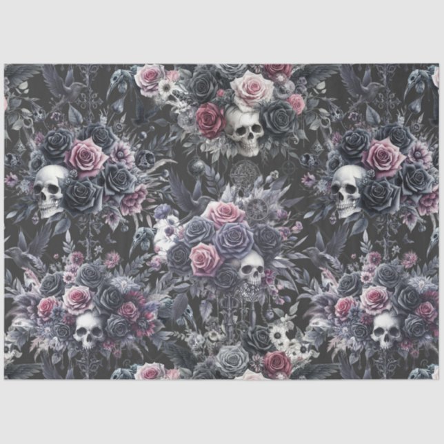 Gothic Moody Flowers Skulls and Crows Tissue Paper (Front)