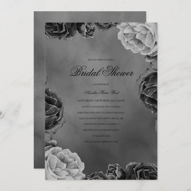 Gothic Moody Monochrome Grey Floral Bridal Shower  Invitation (Front/Back)