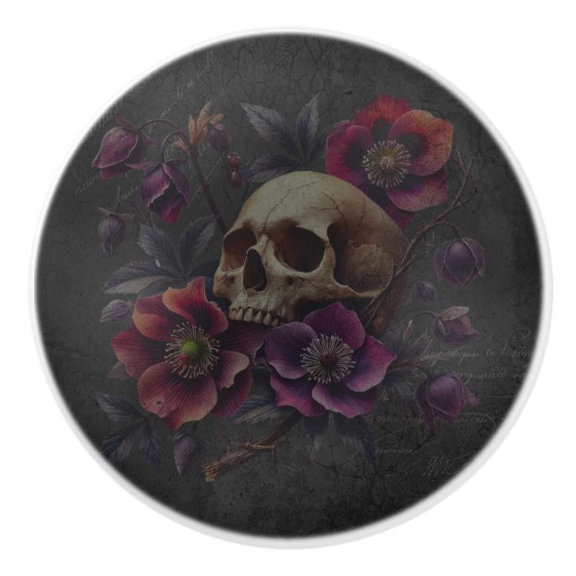 Gothic Moody Skull with Flowers Ceramic Knob (Front)