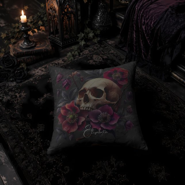 Gothic Moody Skull with Flowers Cushion (Creator Uploaded)