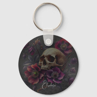 Gothic Moody Skull with Flowers Key Ring
