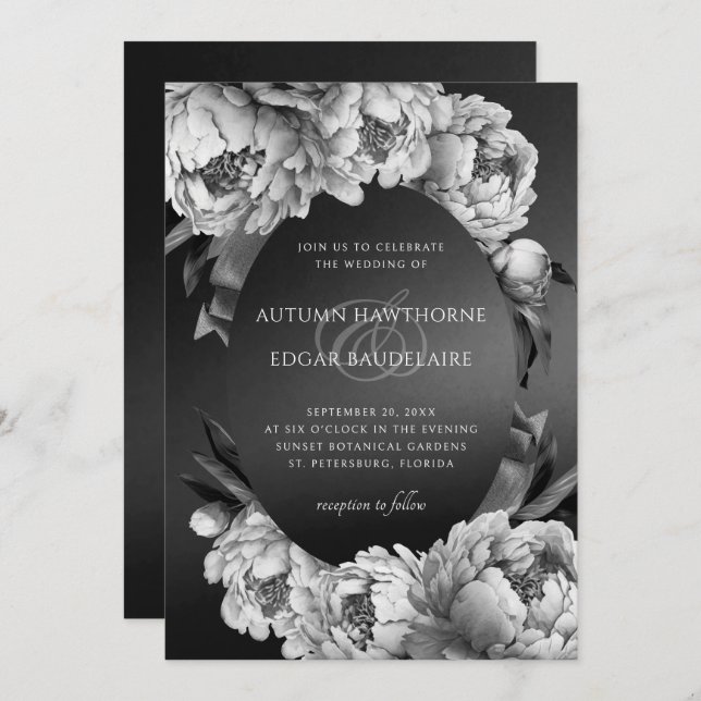 Gothic Moody White Peonies Wedding Invitation (Front/Back)