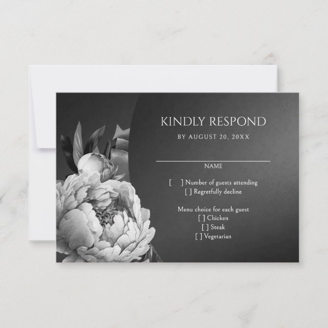 Gothic Moody White Peonies Wedding RSVP Card (Front)