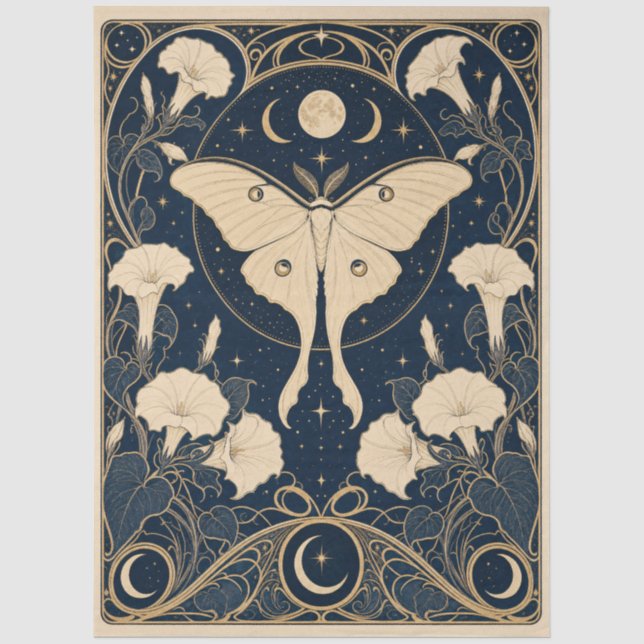 Gothic Moon & Moth Decoupage Tissue Paper (Front)