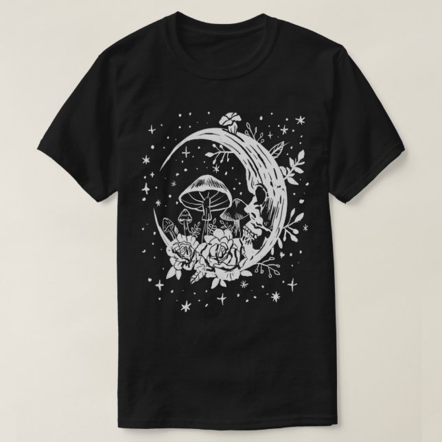 Gothic Moon & Mushrooms, Flowers Punk Witchy  T-Shirt (Design Front)