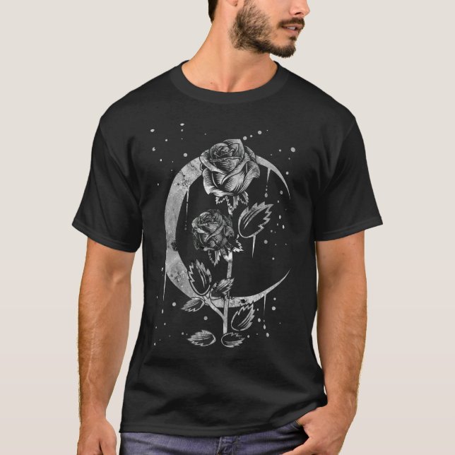 Gothic Moon Rose Crescent Witchy Art T-Shirt (Front)