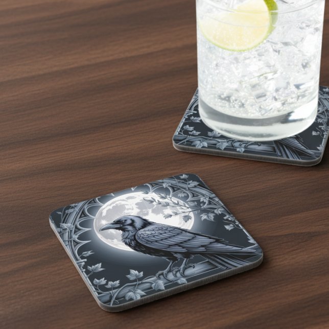 Gothic Moonlit Raven Dark Academia Coaster (Black raven drink coaster)