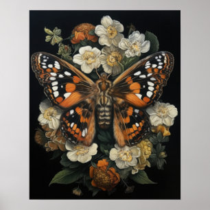 Gothic Moth And Flowers Art Print Poster