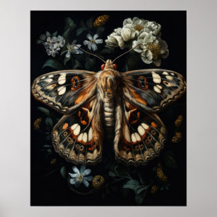 Gothic Moth And Flowers Art Print Poster